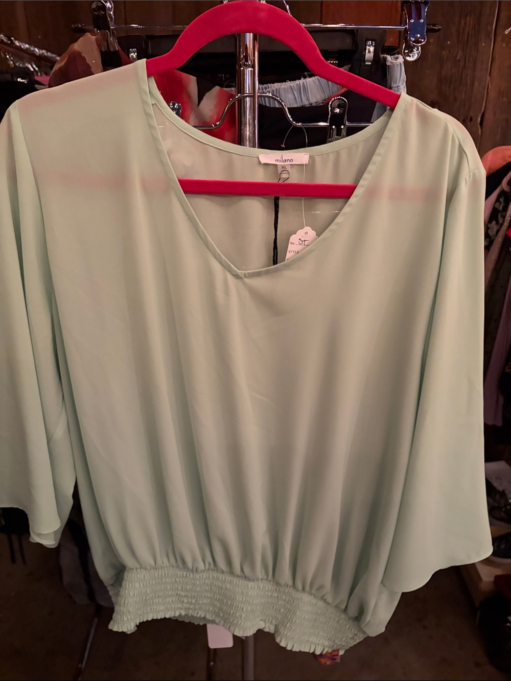 Milano Light Mint V-Neck Smocked-Hem Blouse